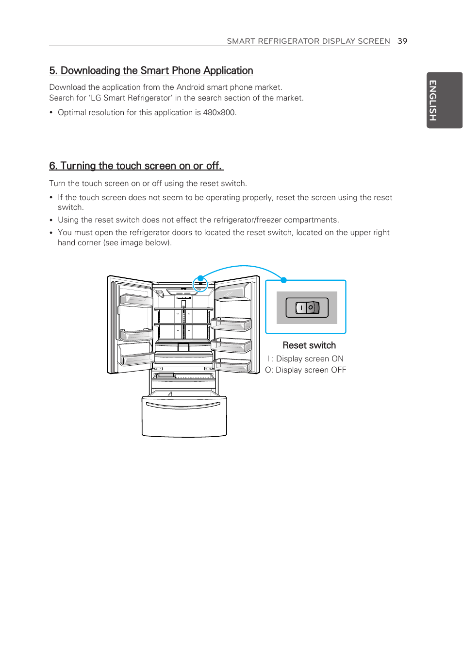 Downloading the smart phone application, Turning the touch screen on or off | LG LFX28995ST User Manual | Page 39 / 111