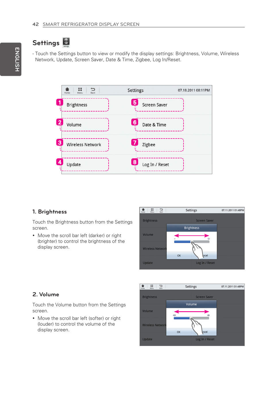 Settings, Brightness, Volume | LG LFX28995ST User Manual | Page 42 / 111