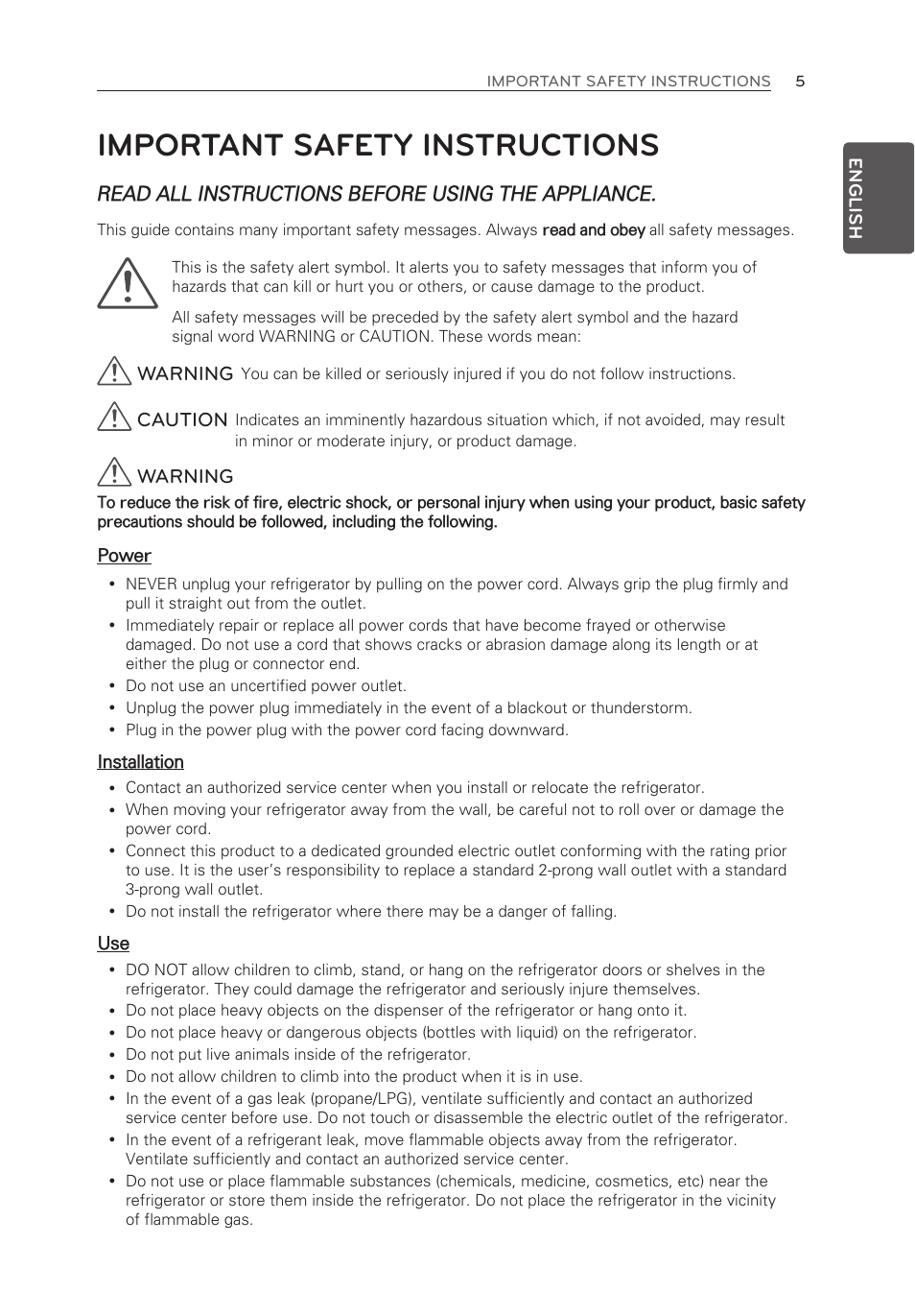 Important safety instructions, Read all instructions before using the appliance, Warning | Caution | LG LFX28995ST User Manual | Page 5 / 111