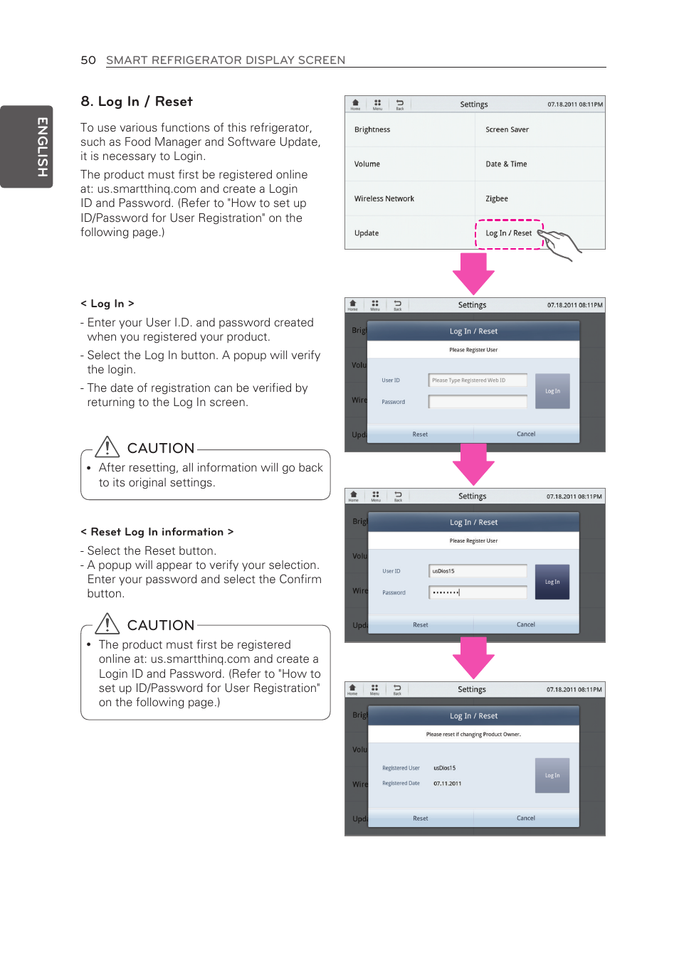 Log in / reset, Caution | LG LFX28995ST User Manual | Page 50 / 111