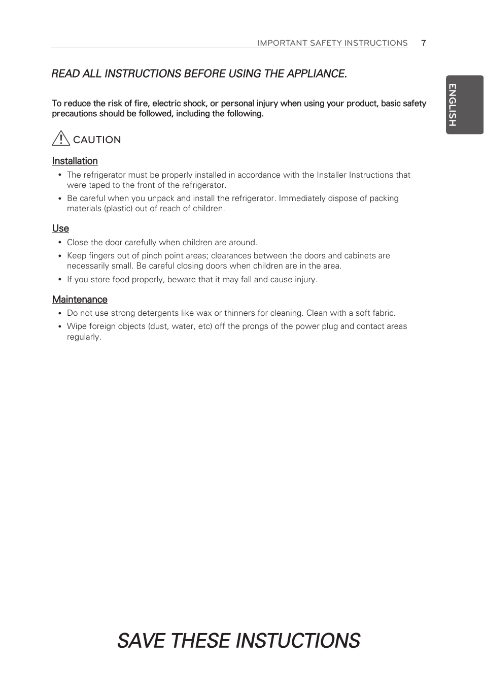 Save these instuctions, Caution, Read all instructions before using the appliance | LG LFX28995ST User Manual | Page 7 / 111