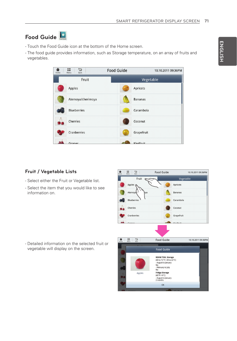 Food guide, Fruit / vegetable lists | LG LFX28995ST User Manual | Page 71 / 111