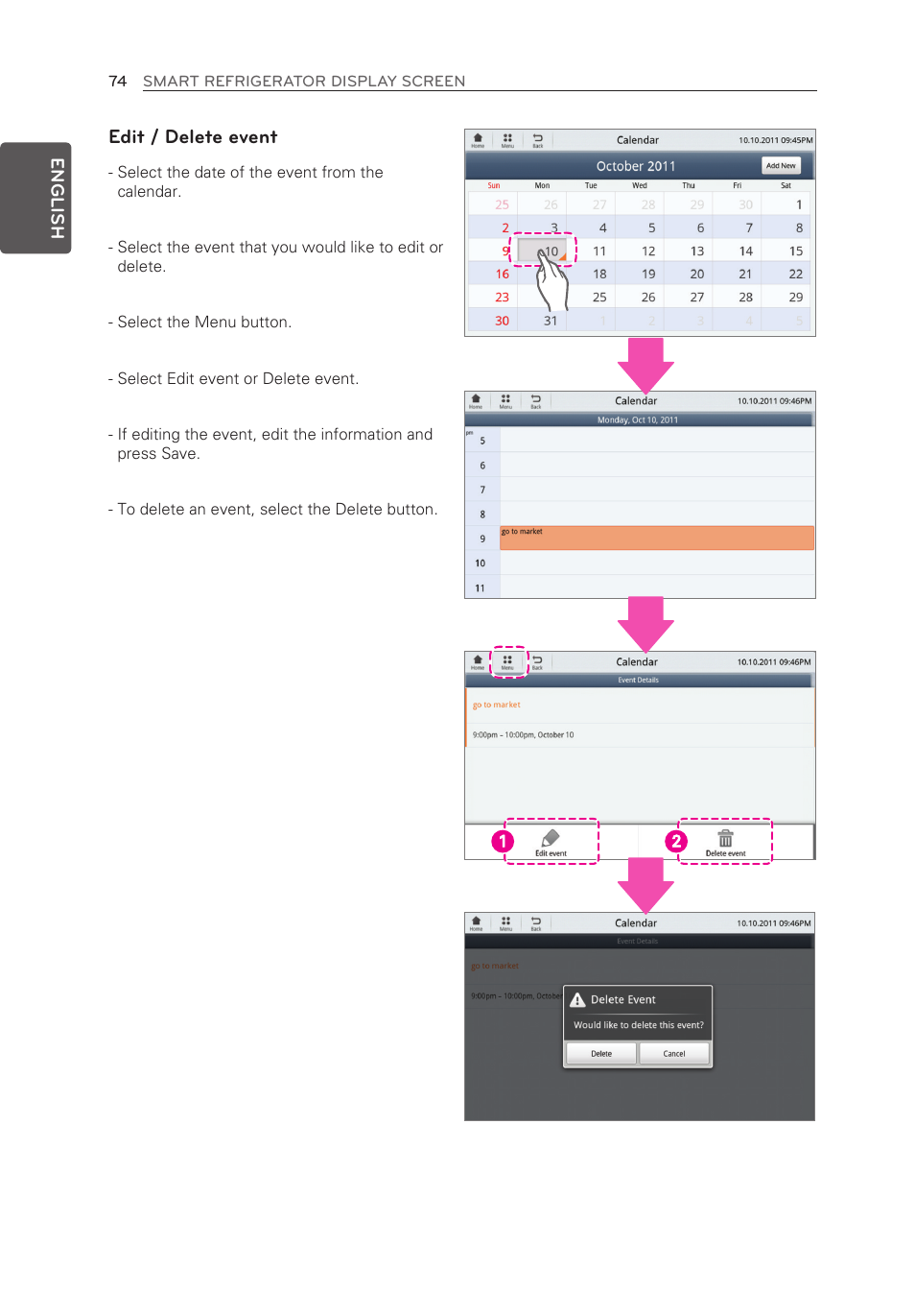 Edit / delete event | LG LFX28995ST User Manual | Page 74 / 111