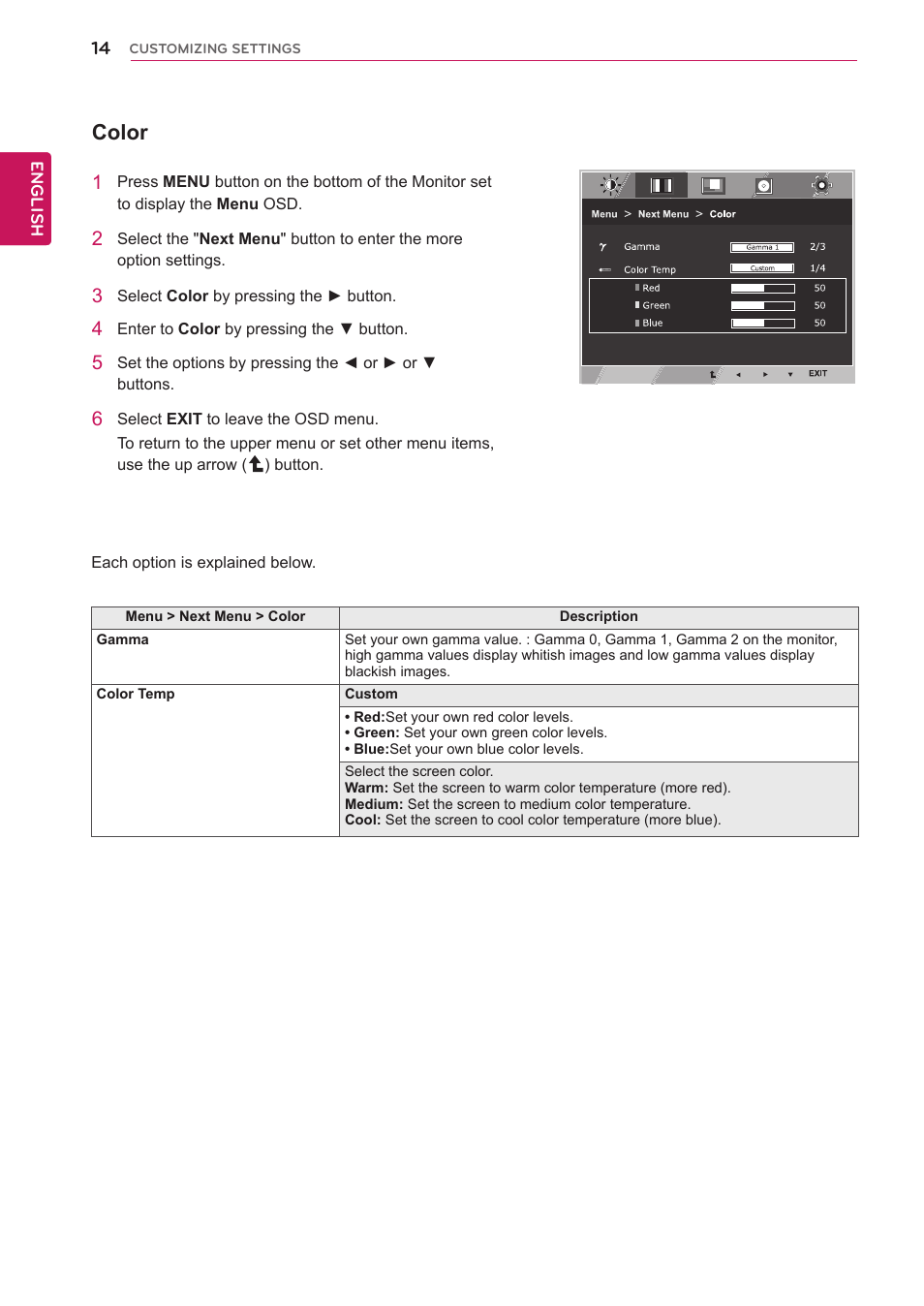 Color | LG 24M35H-B User Manual | Page 14 / 26