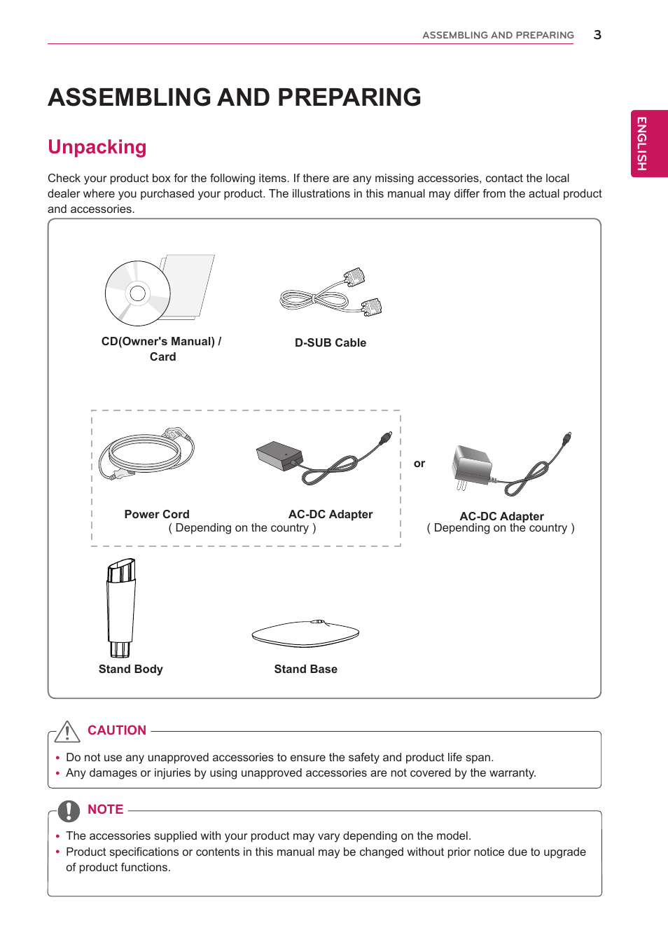 Assembling and preparing, Unpacking, Assembling and prepar | LG 24M35H-B User Manual | Page 3 / 26