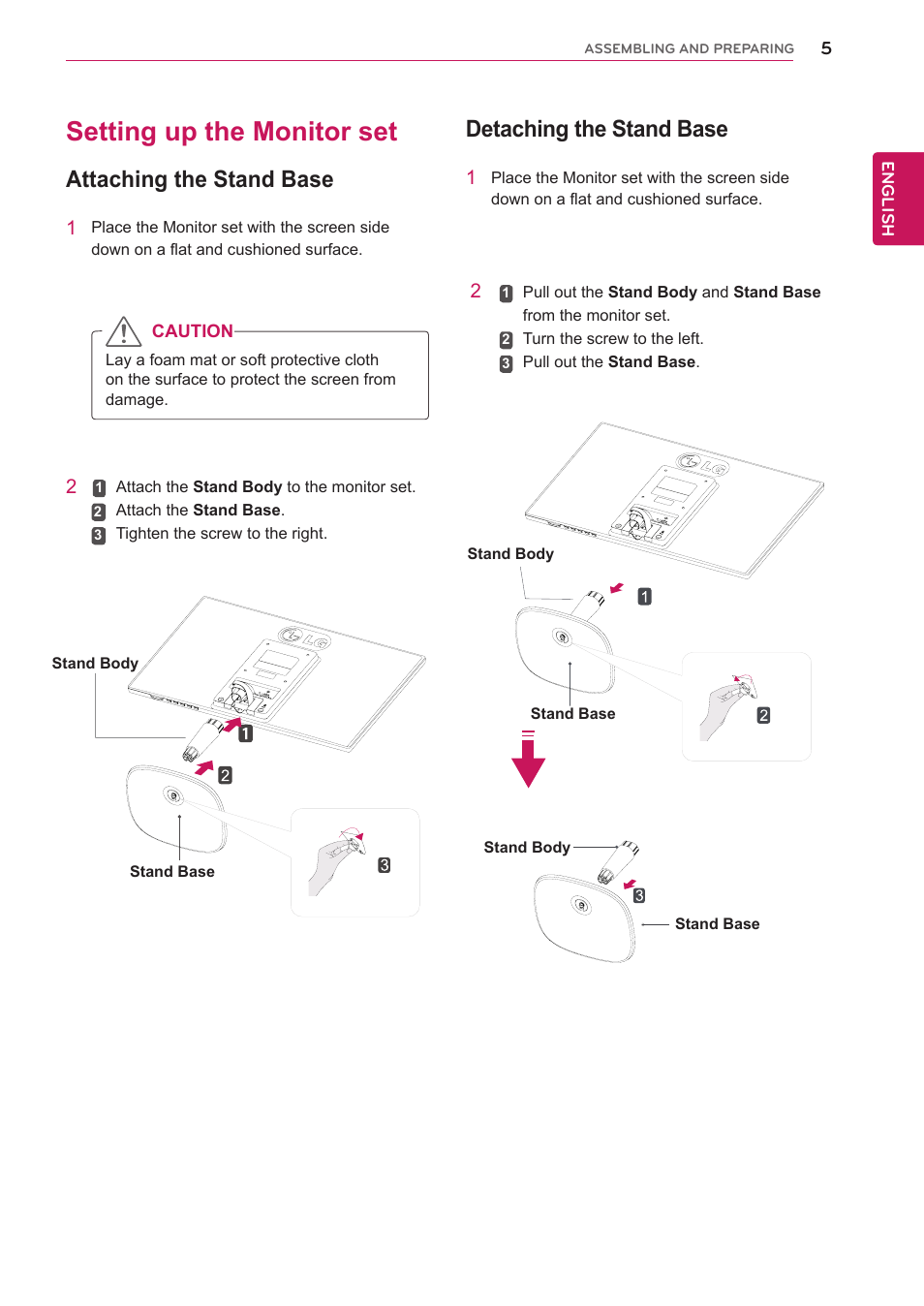 Setting up the monitor set, Attaching the stand base, Detaching the stand base | LG 24M35H-B User Manual | Page 5 / 26