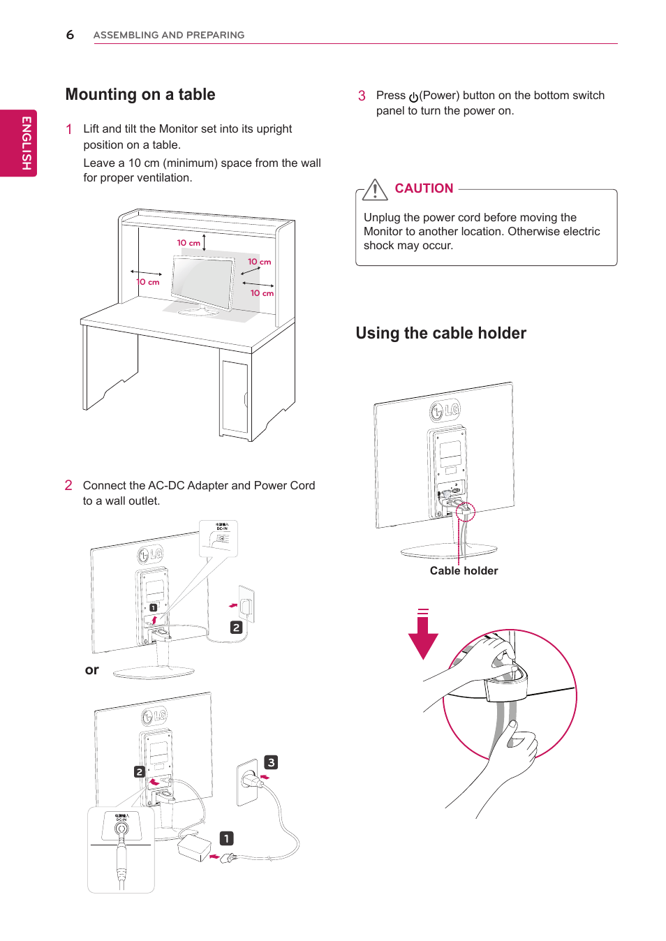 Mounting on a table, Using the cable holder | LG 24M35H-B User Manual | Page 6 / 26