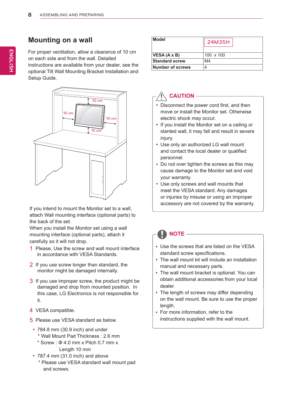 Mounting on a wall | LG 24M35H-B User Manual | Page 8 / 26