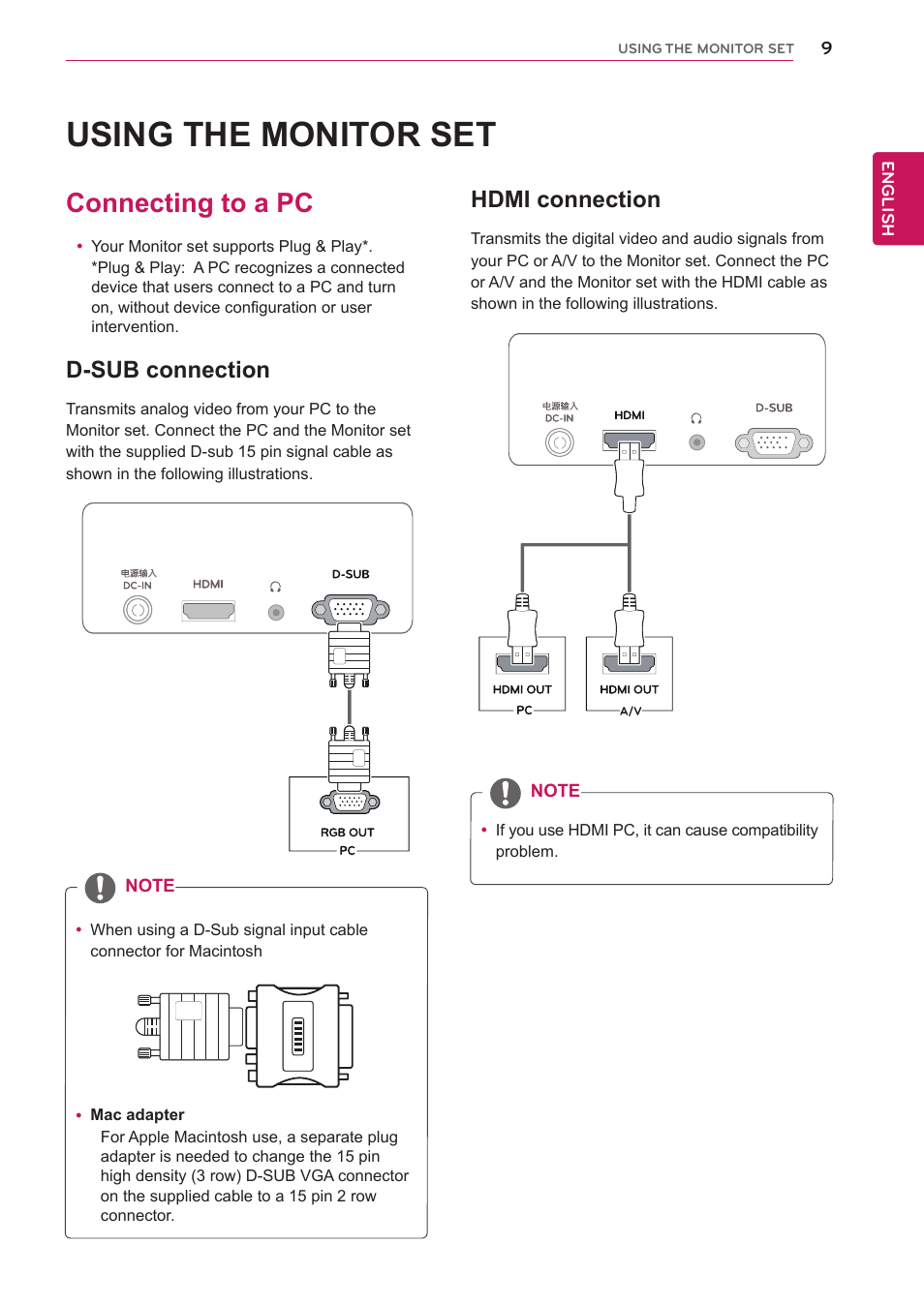 Using the monitor set, Connecting to a pc, D-sub connection | Hdmi connection | LG 24M35H-B User Manual | Page 9 / 26