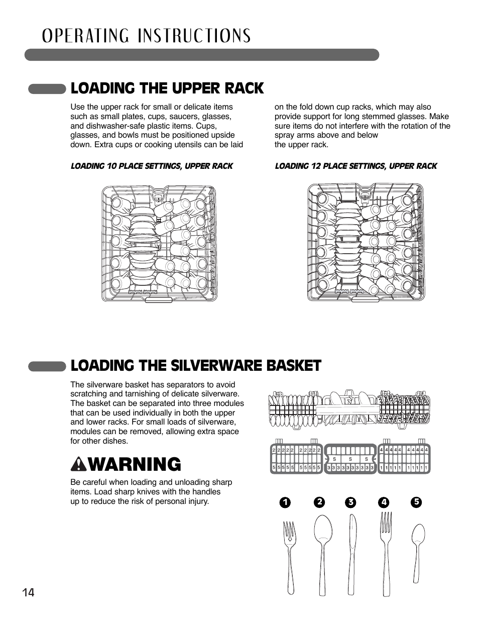 Warning, Loading the silverware basket, Loading the upper rack | LG LSDF995ST User Manual | Page 14 / 80