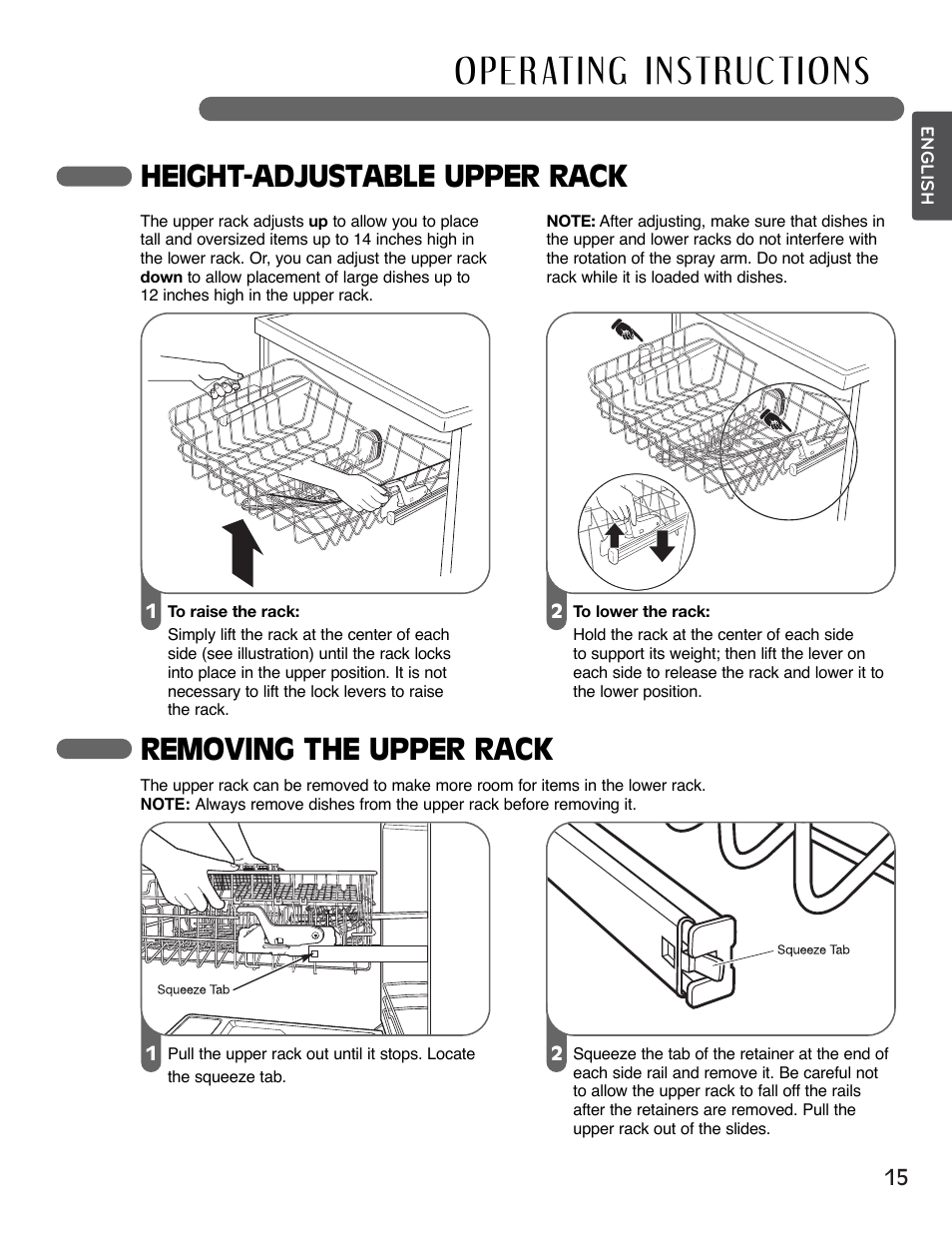 Height-adjustable upper rack, Removing the upper rack | LG LSDF995ST User Manual | Page 15 / 80