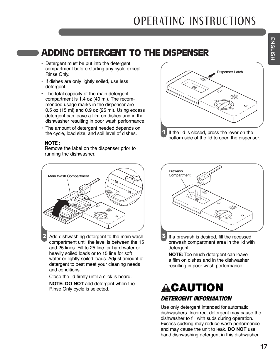 Caution, Adding detergent to the dispenser | LG LSDF995ST User Manual | Page 17 / 80