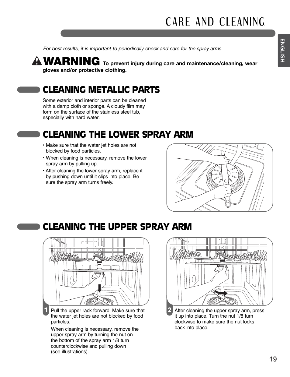 Warning, Cleaning metallic parts, Cleaning the lower spray arm | Cleaning the upper spray arm | LG LSDF995ST User Manual | Page 19 / 80