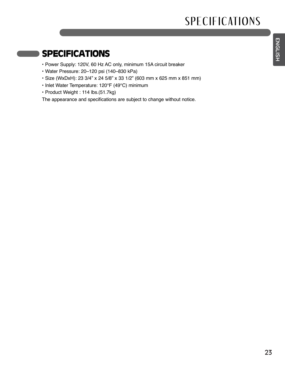 Specifications | LG LSDF995ST User Manual | Page 23 / 80