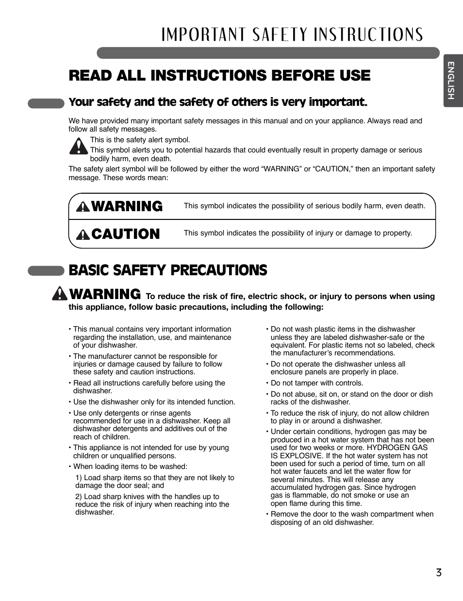 Read all instructions before use, Warning, Basic safety precautions warning | Caution | LG LSDF995ST User Manual | Page 3 / 80