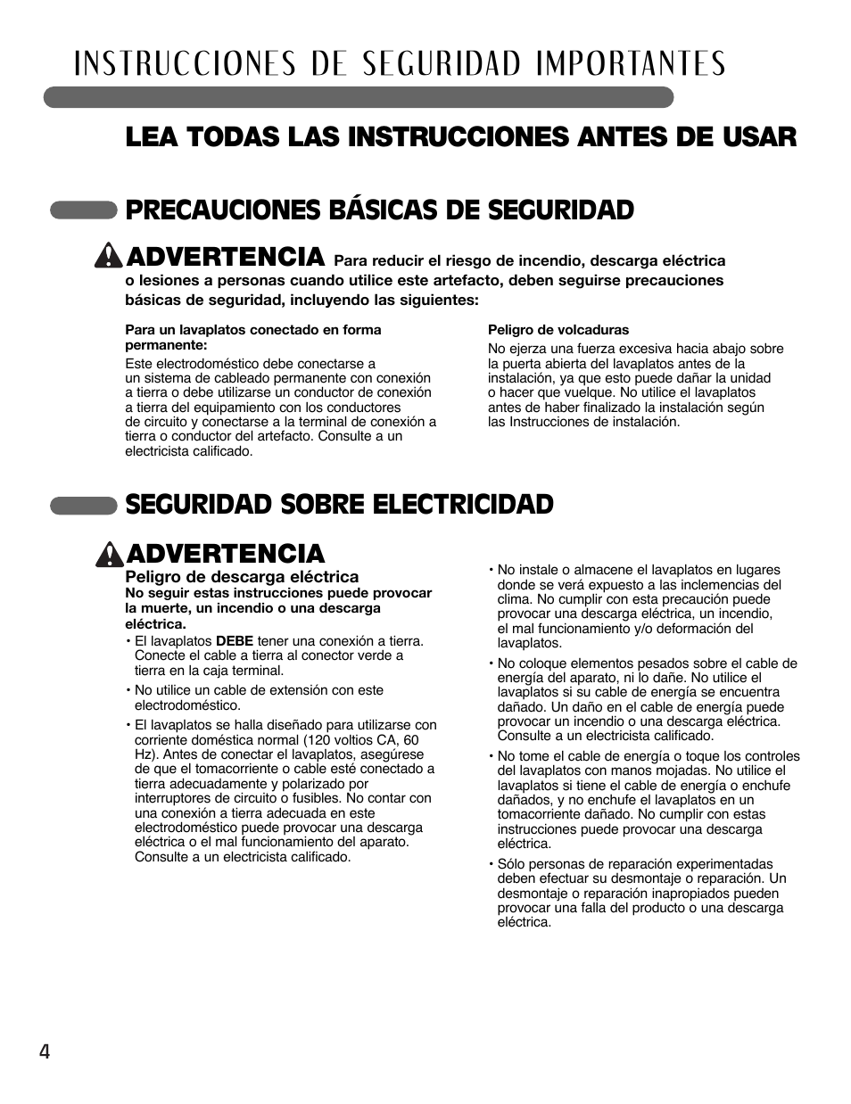 Lea todas las instrucciones antes de usar, Precauciones básicas de seguridad advertencia, Seguridad sobre electricidad advertencia | LG LSDF995ST User Manual | Page 30 / 80