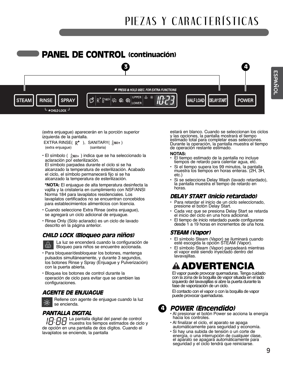 Advertencia, Panel de control, Power (encendido) | Continuación) | LG LSDF995ST User Manual | Page 35 / 80