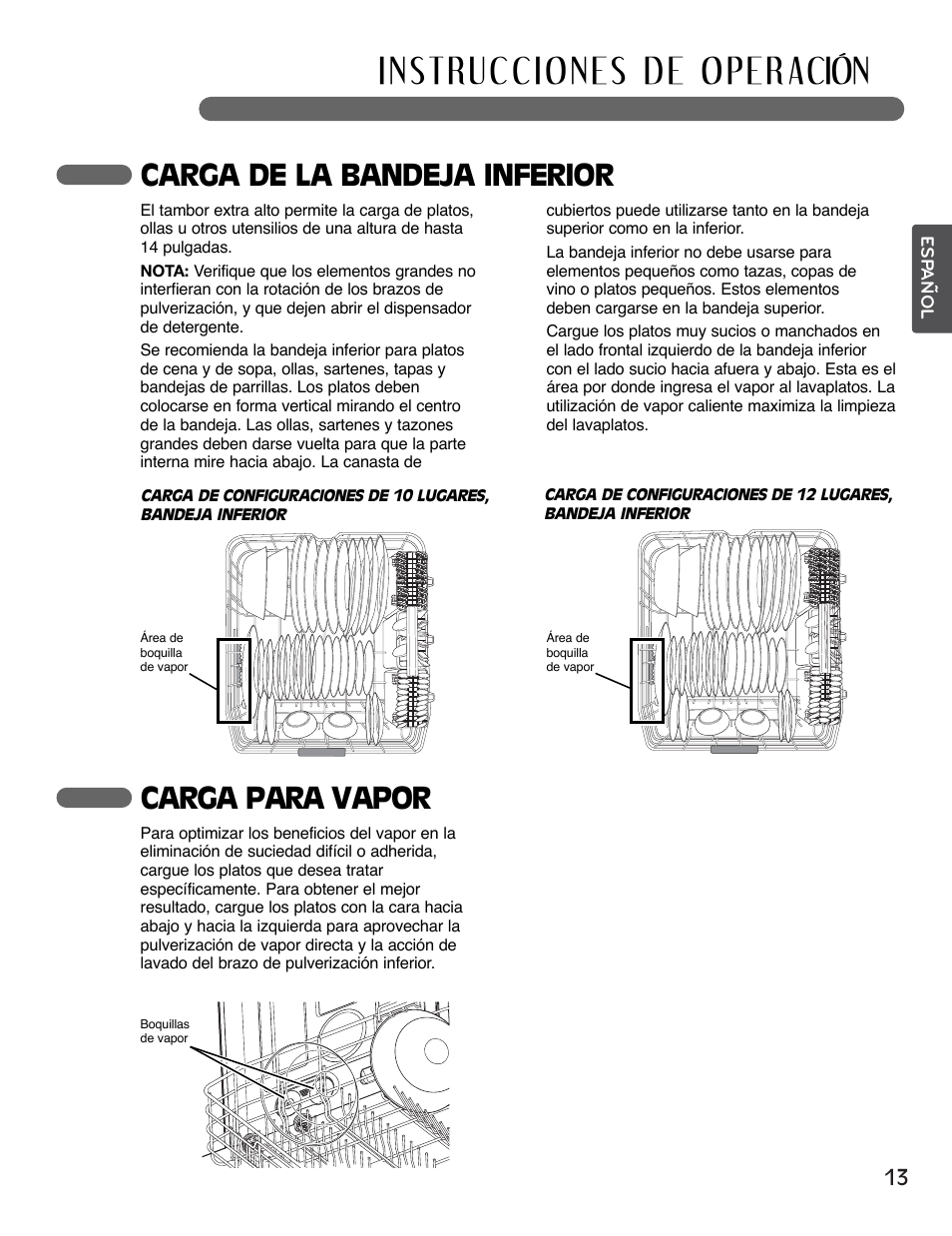 Carga de la bandeja inferior, Carga para vapor | LG LSDF995ST User Manual | Page 39 / 80