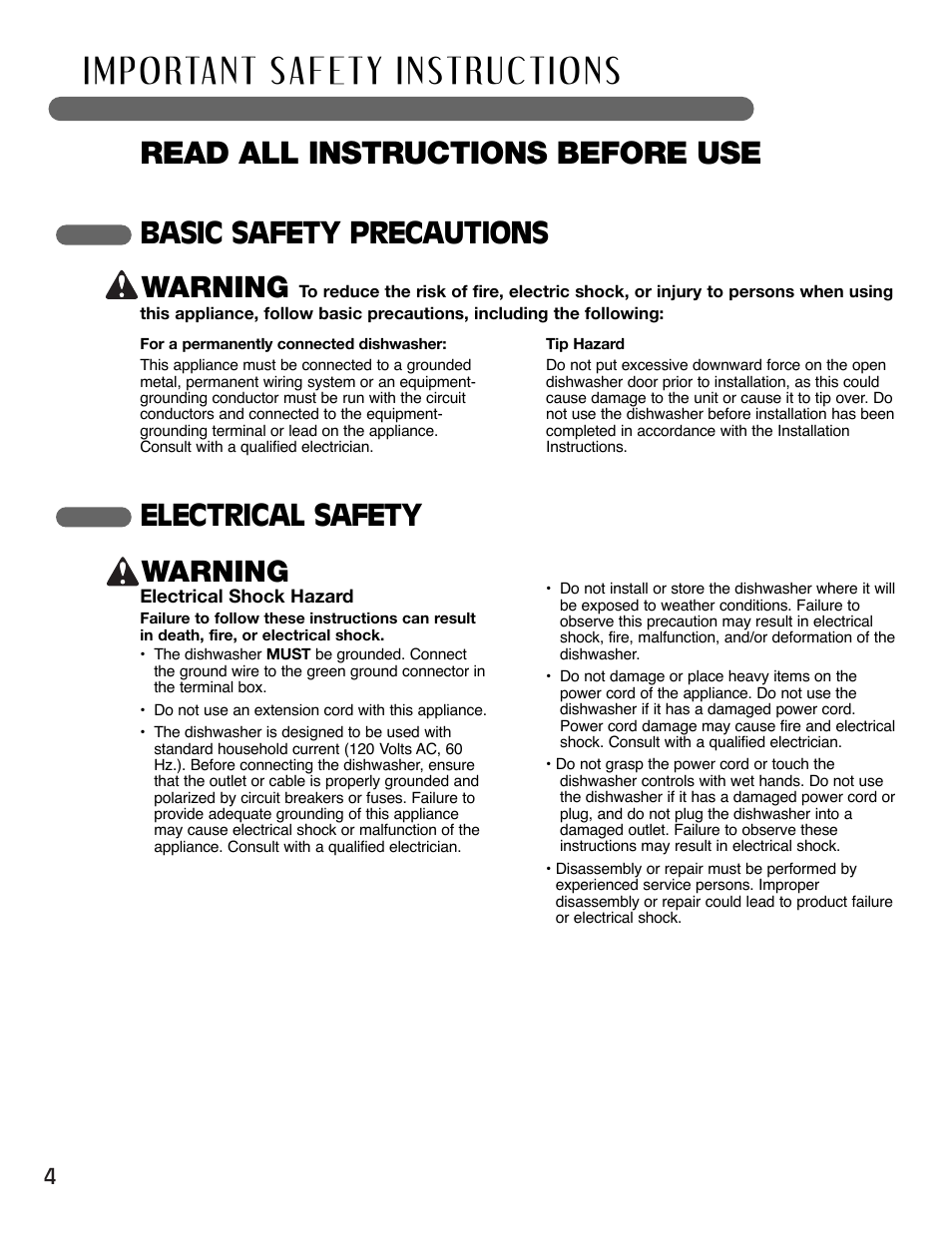 Read all instructions before use, Basic safety precautions warning, Electrical safety warning | LG LSDF995ST User Manual | Page 4 / 80