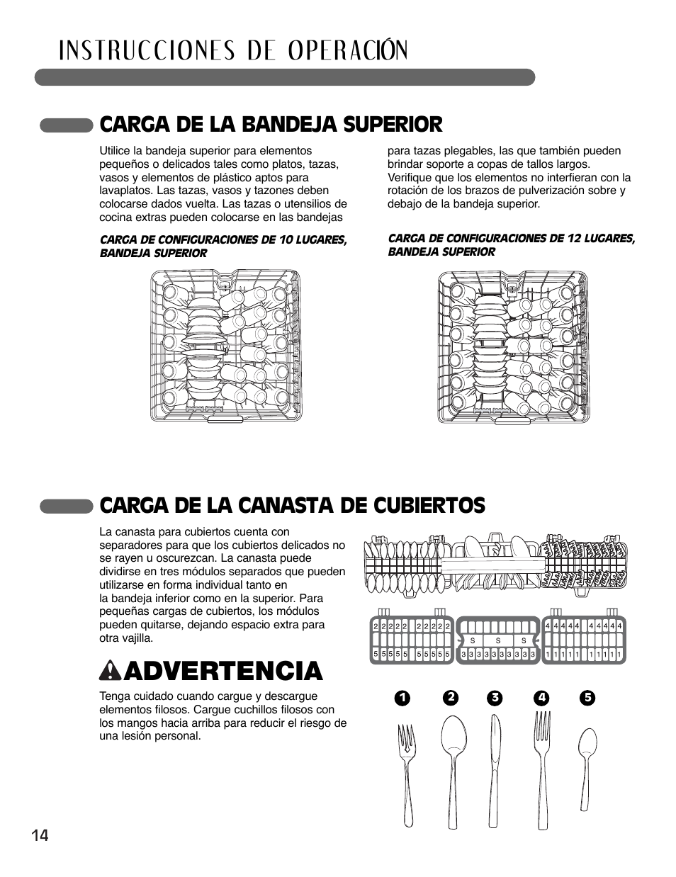 Advertencia, Carga de la canasta de cubiertos, Carga de la bandeja superior | LG LSDF995ST User Manual | Page 40 / 80