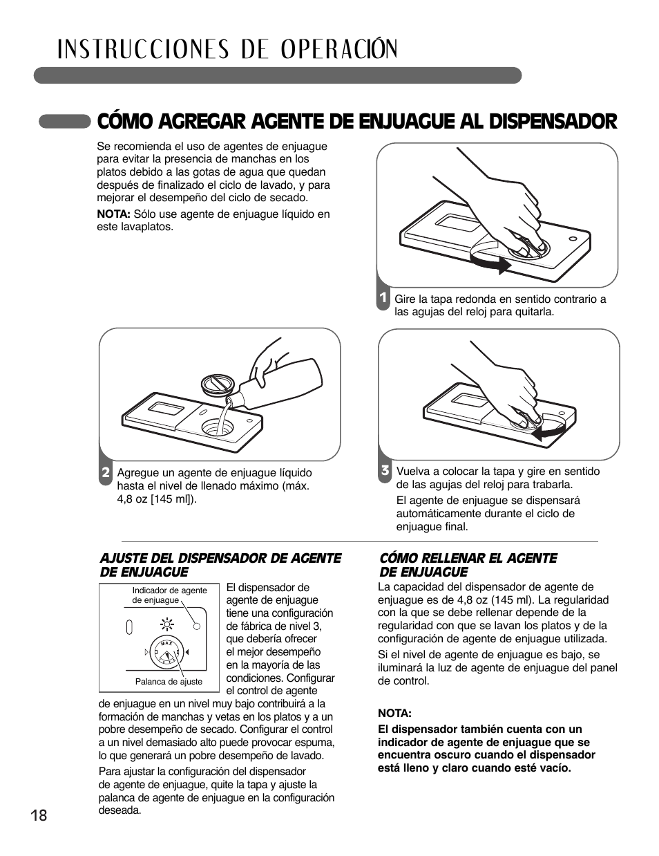 Cómo agregar agente de enjuague al dispensador | LG LSDF995ST User Manual | Page 44 / 80