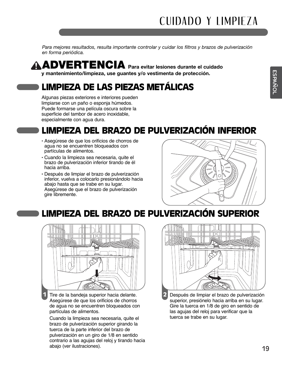 Advertencia, Limpieza de las piezas metálicas, Limpieza del brazo de pulverización inferior | Limpieza del brazo de pulverización superior | LG LSDF995ST User Manual | Page 45 / 80