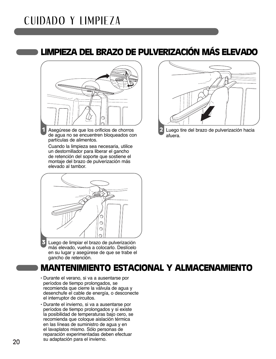 Mantenimiento estacional y almacenamiento, Limpieza del brazo de pulverización más elevado | LG LSDF995ST User Manual | Page 46 / 80