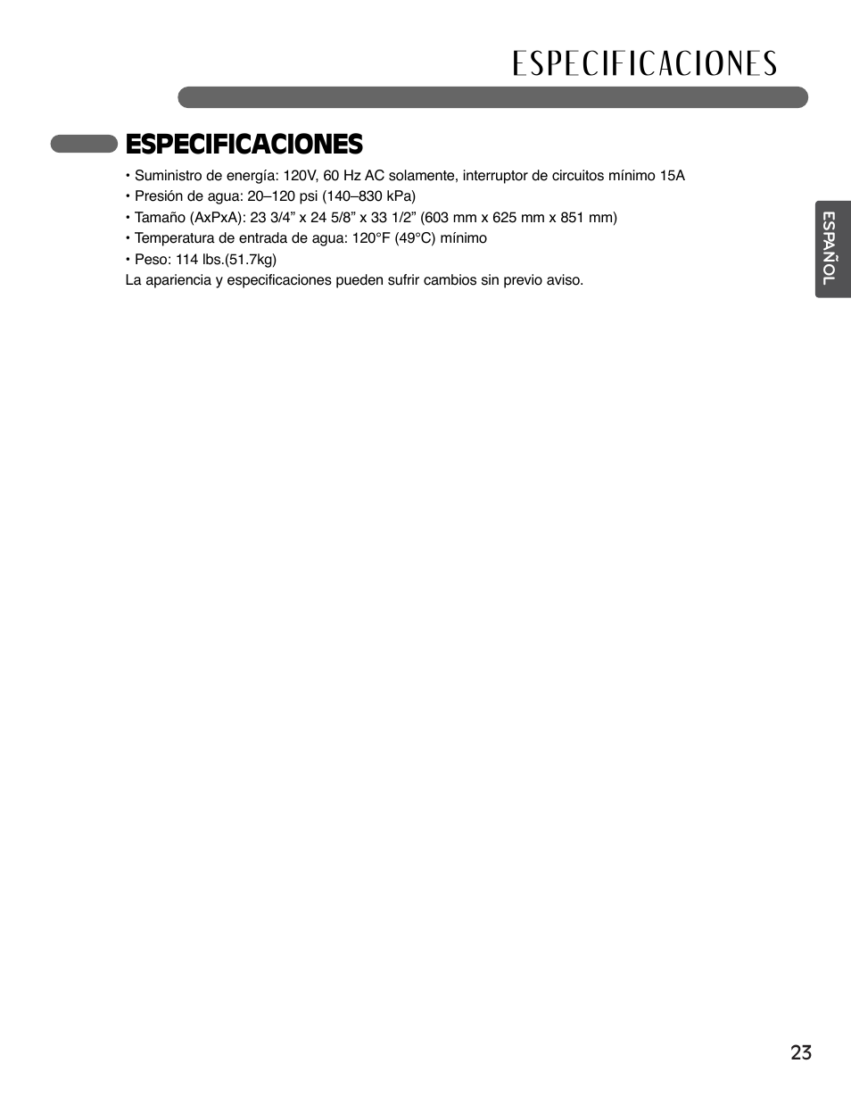 Especificaciones | LG LSDF995ST User Manual | Page 49 / 80