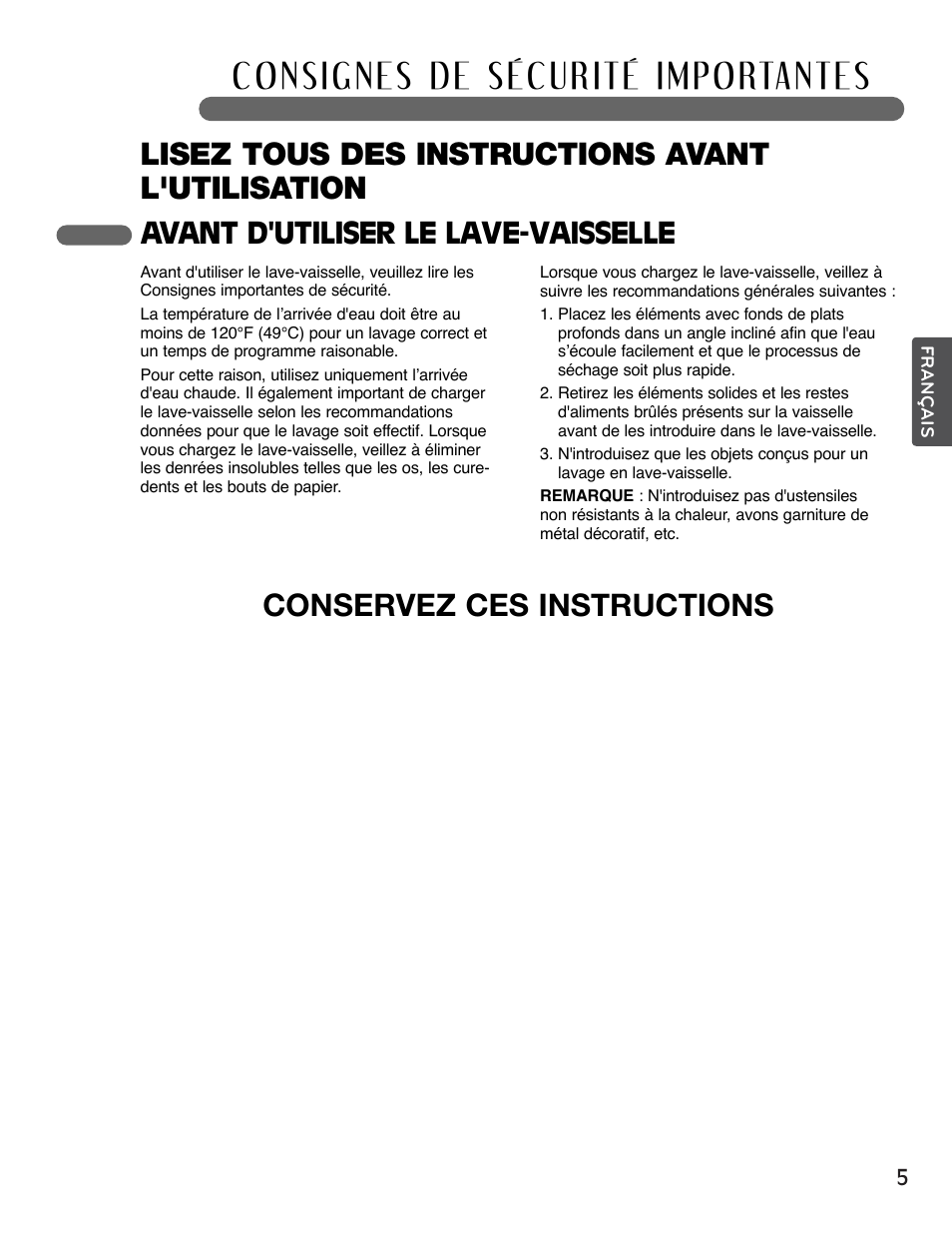 Lisez tous des instructions avant l'utilisation, Conservez ces instructions, Avant d'utiliser le lave-vaisselle | LG LSDF995ST User Manual | Page 57 / 80