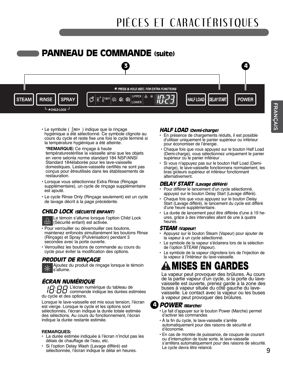 Mises en gardes, Panneau de commande, Power | Suite) | LG LSDF995ST User Manual | Page 61 / 80