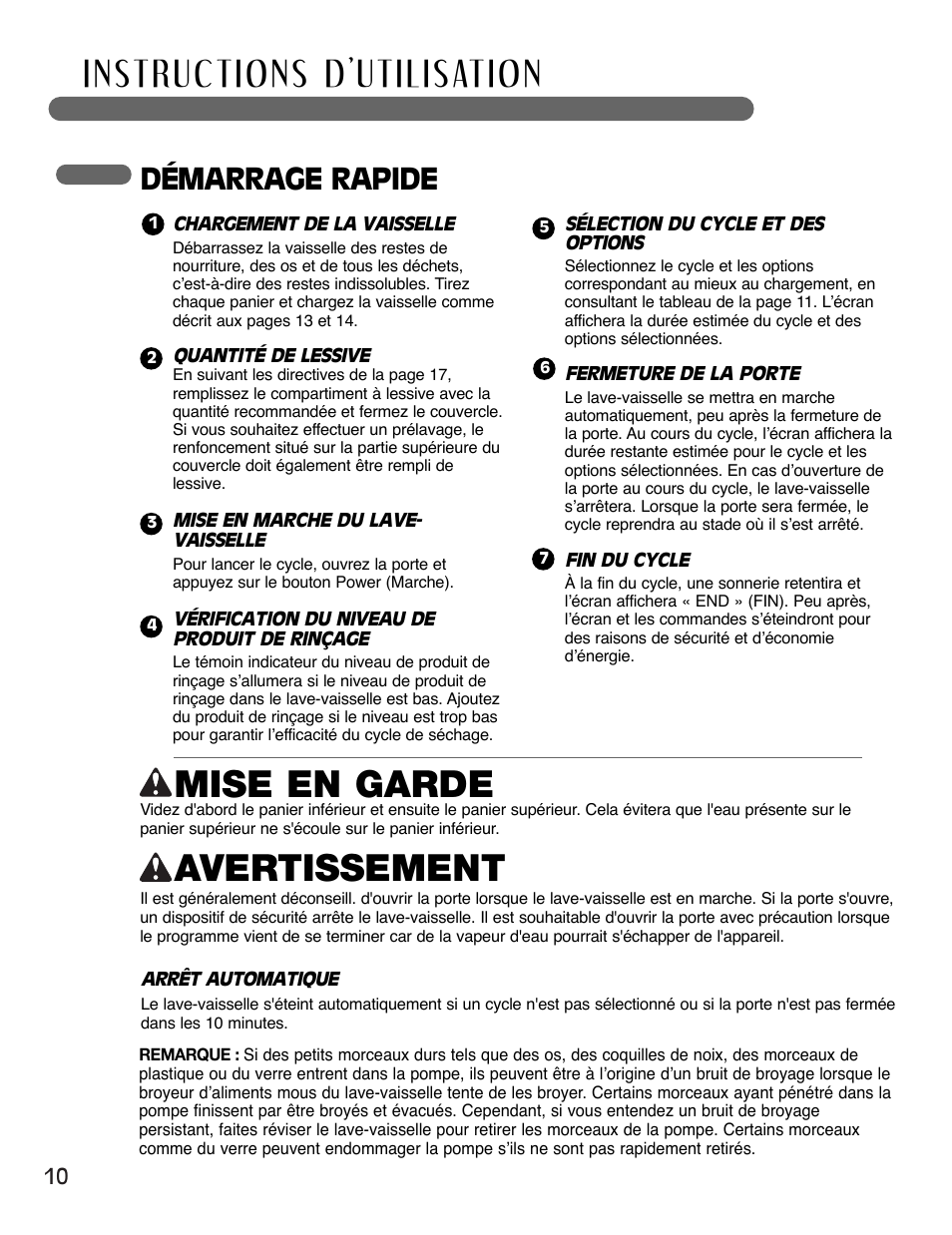 Mise en garde, Avertissement, Démarrage rapide | LG LSDF995ST User Manual | Page 62 / 80