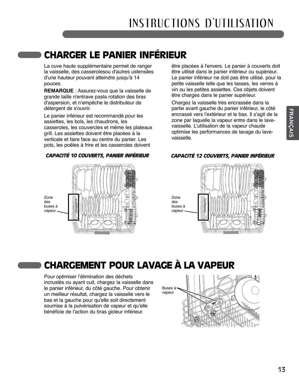 Charger le panier inférieur, Chargement pour lavage à la vapeur | LG LSDF995ST User Manual | Page 65 / 80