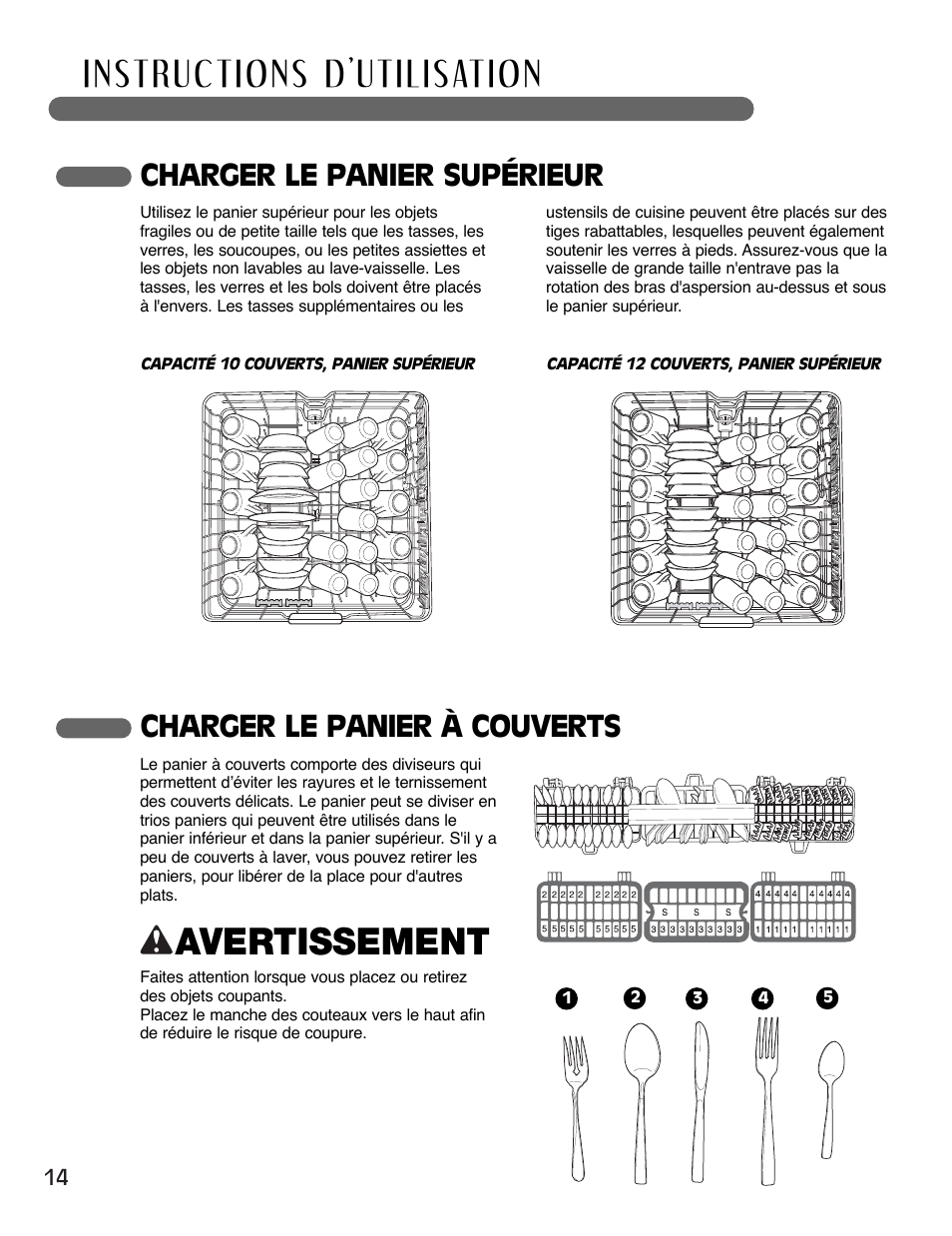 Avertissement, Charger le panier à couverts, Charger le panier supérieur | LG LSDF995ST User Manual | Page 66 / 80