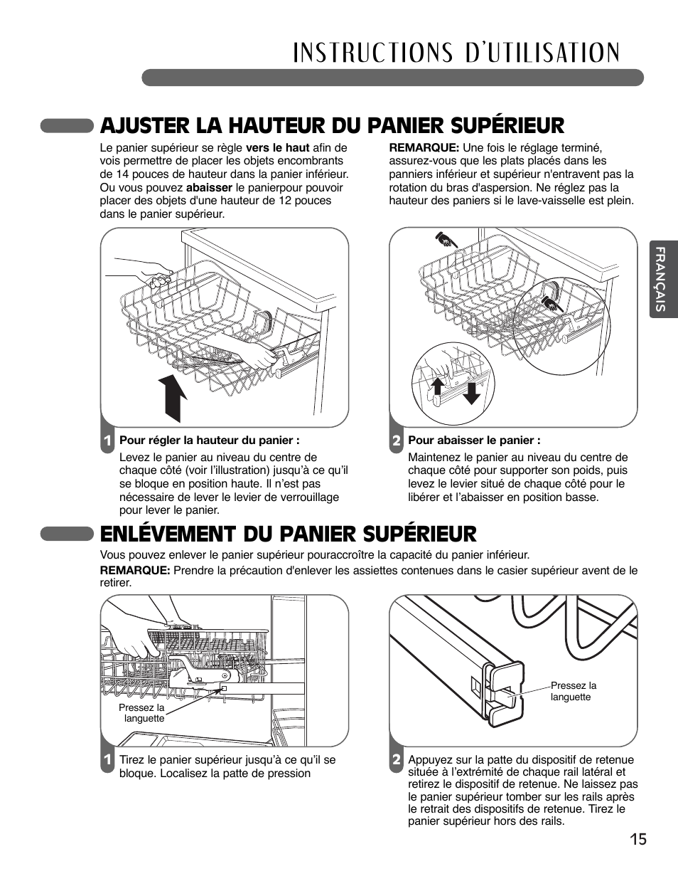 Ajuster la hauteur du panier supérieur, Enlévement du panier supérieur | LG LSDF995ST User Manual | Page 67 / 80