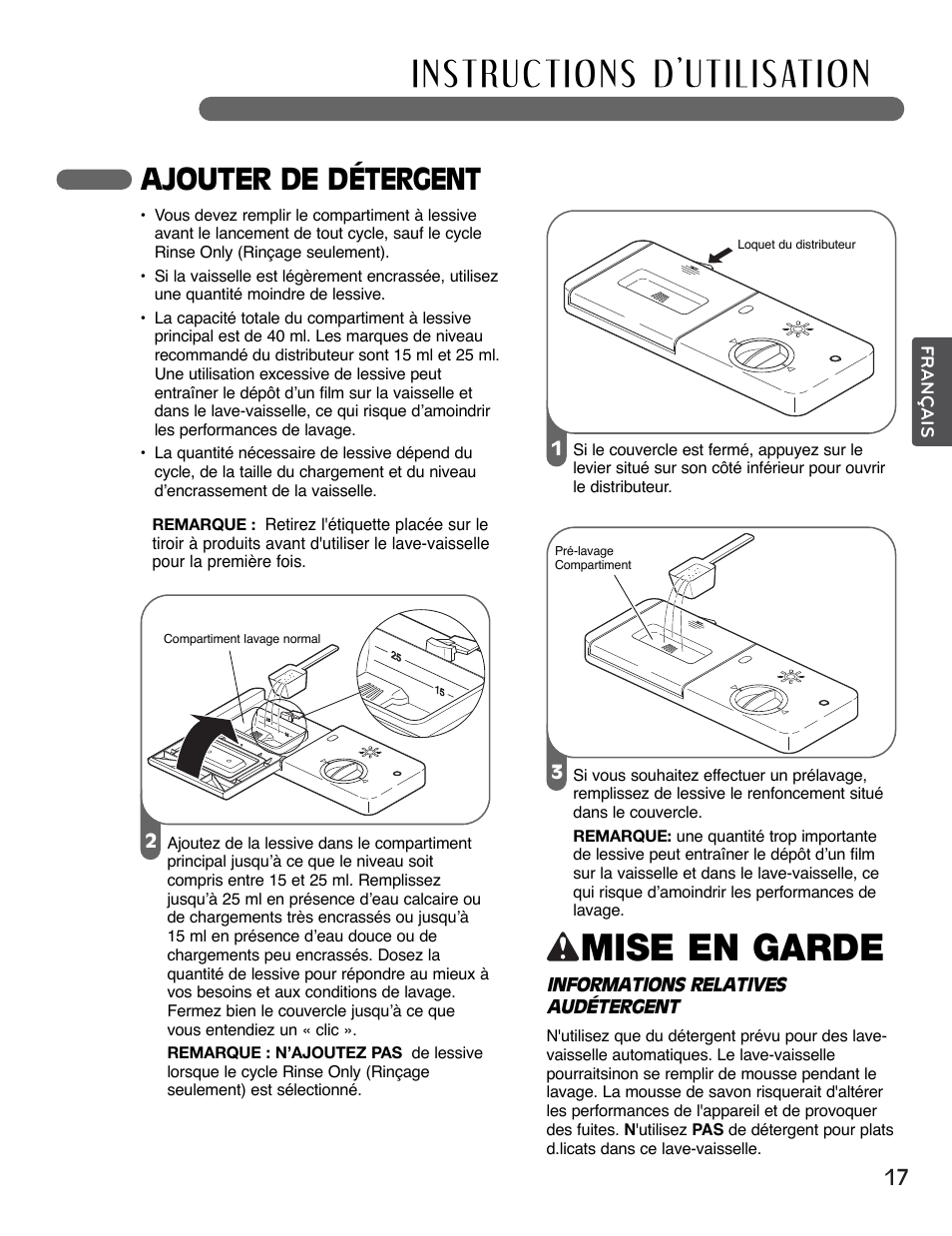 Mise en garde, Ajouter de détergent | LG LSDF995ST User Manual | Page 69 / 80