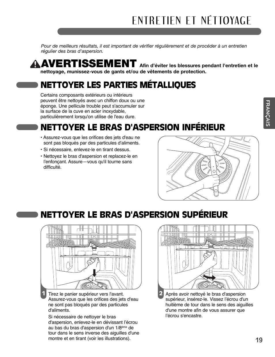 Avertissement, Nettoyer les parties métalliques, Nettoyer le bras d'aspersion inférieur | Nettoyer le bras d'aspersion supérieur | LG LSDF995ST User Manual | Page 71 / 80