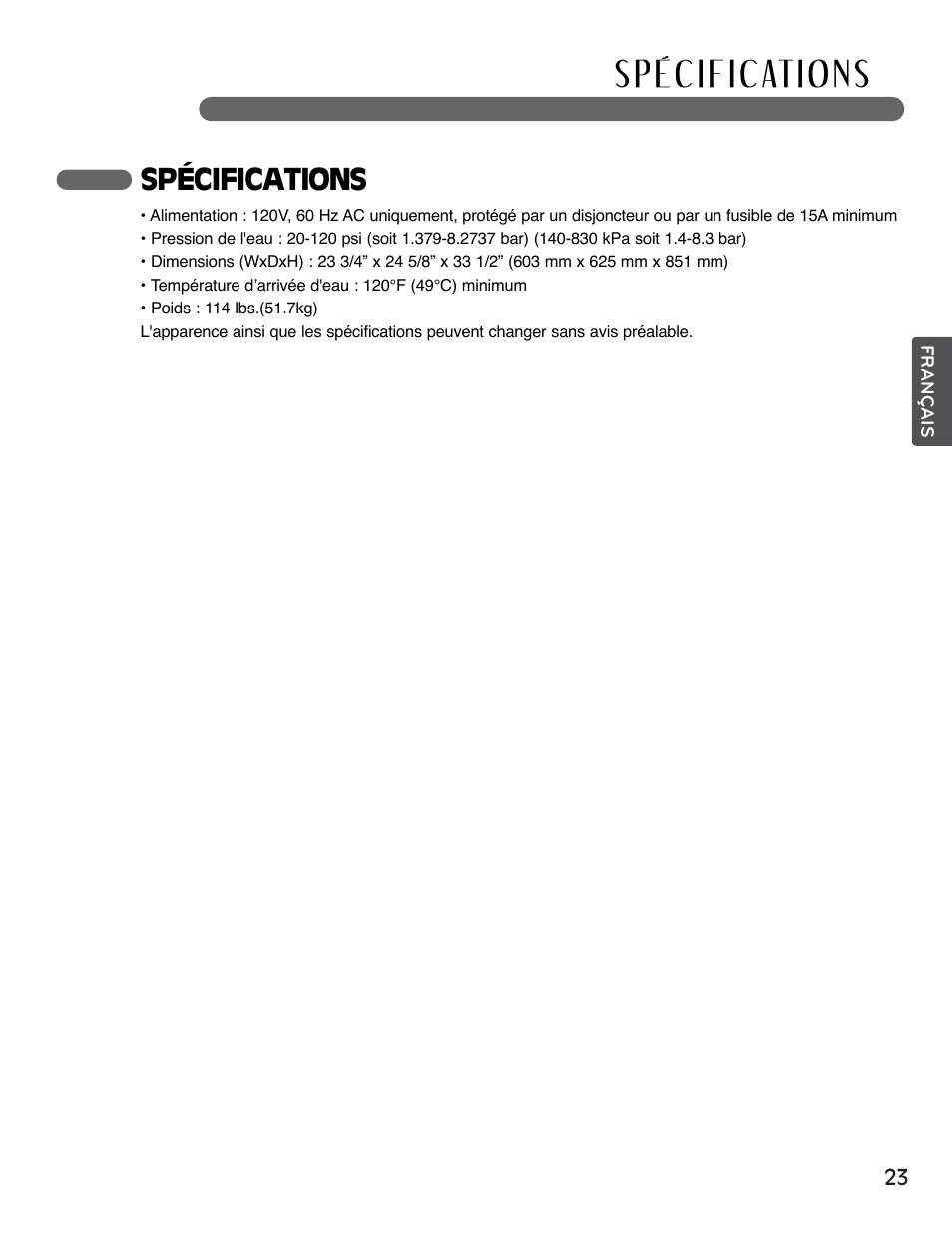 Spécifications | LG LSDF995ST User Manual | Page 75 / 80