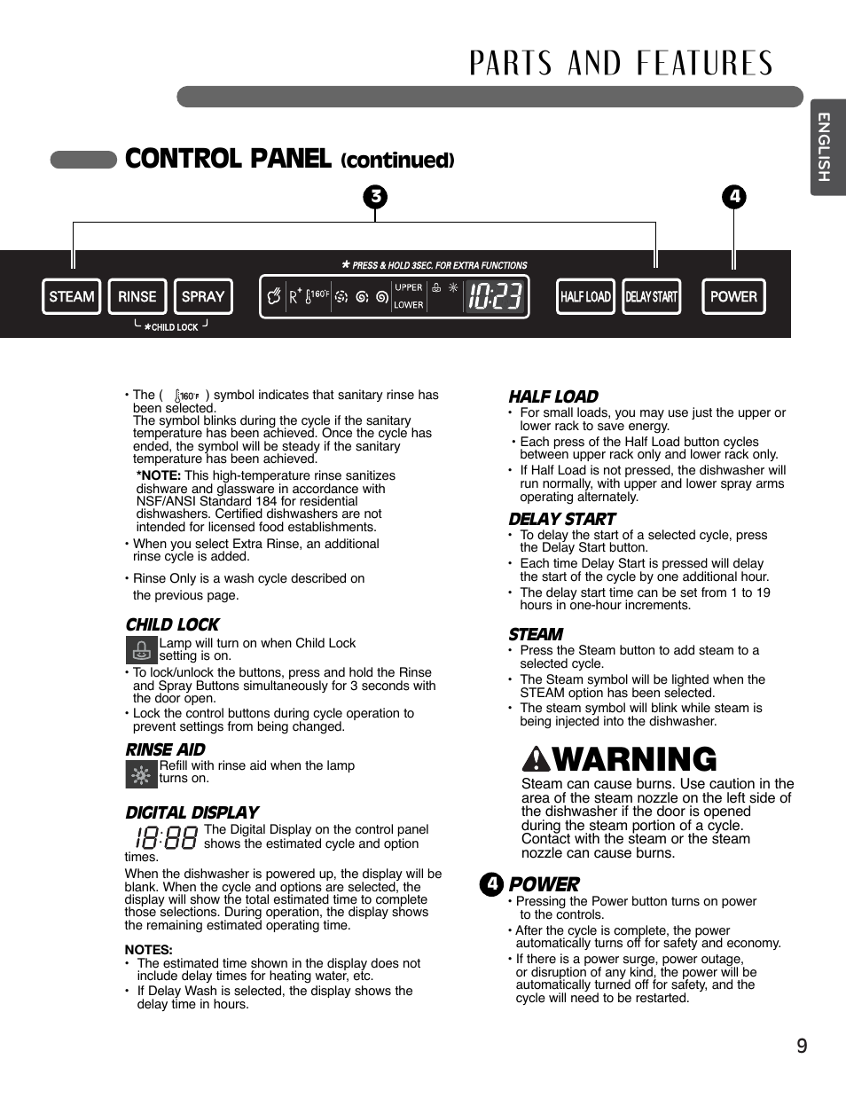 Warning, Control panel, Power | Continued) | LG LSDF995ST User Manual | Page 9 / 80