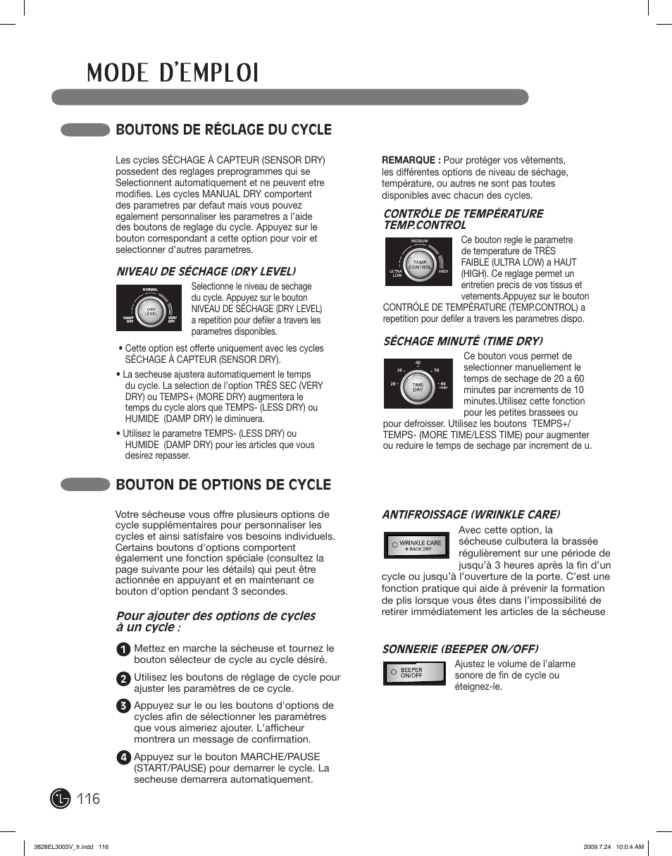 Bouton de options de cycle, Boutons de réglage du cycle | LG DLGX2502V User Manual | Page 116 / 132