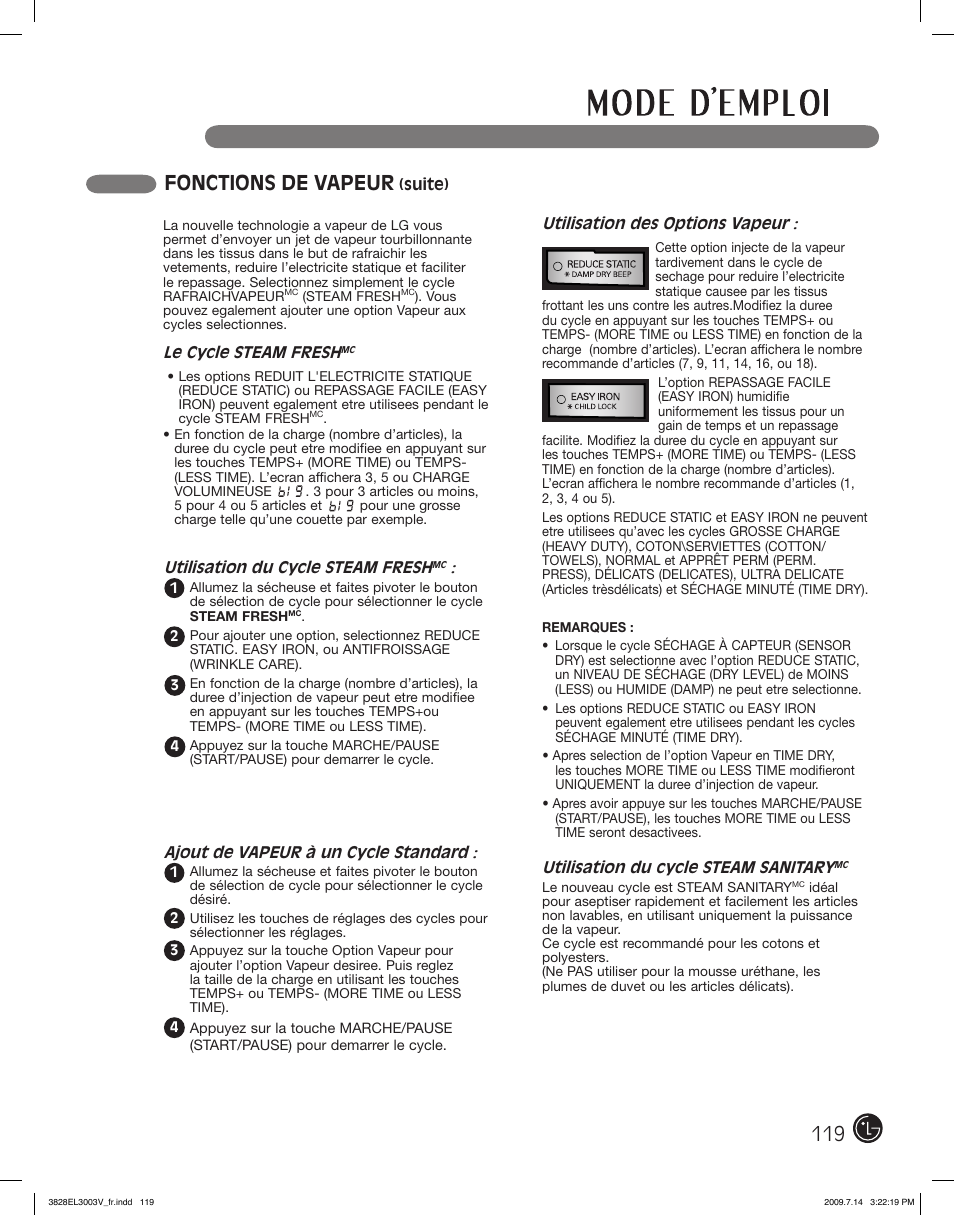 Fonctions de vapeur | LG DLGX2502V User Manual | Page 119 / 132