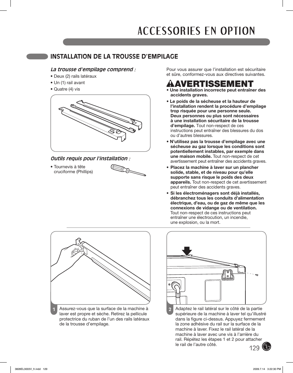 Wavertissement, Installation de la trousse d’empilage | LG DLGX2502V User Manual | Page 129 / 132