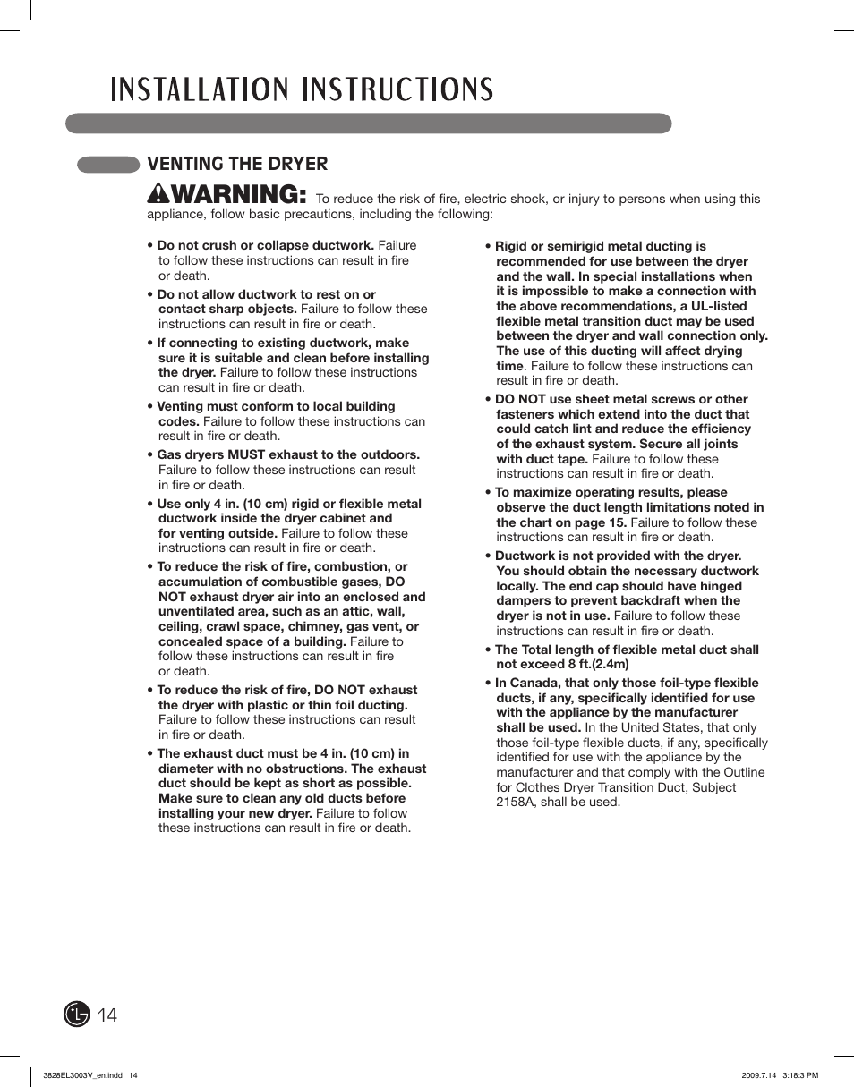 Wwarning, Venting the dryer | LG DLGX2502V User Manual | Page 14 / 132