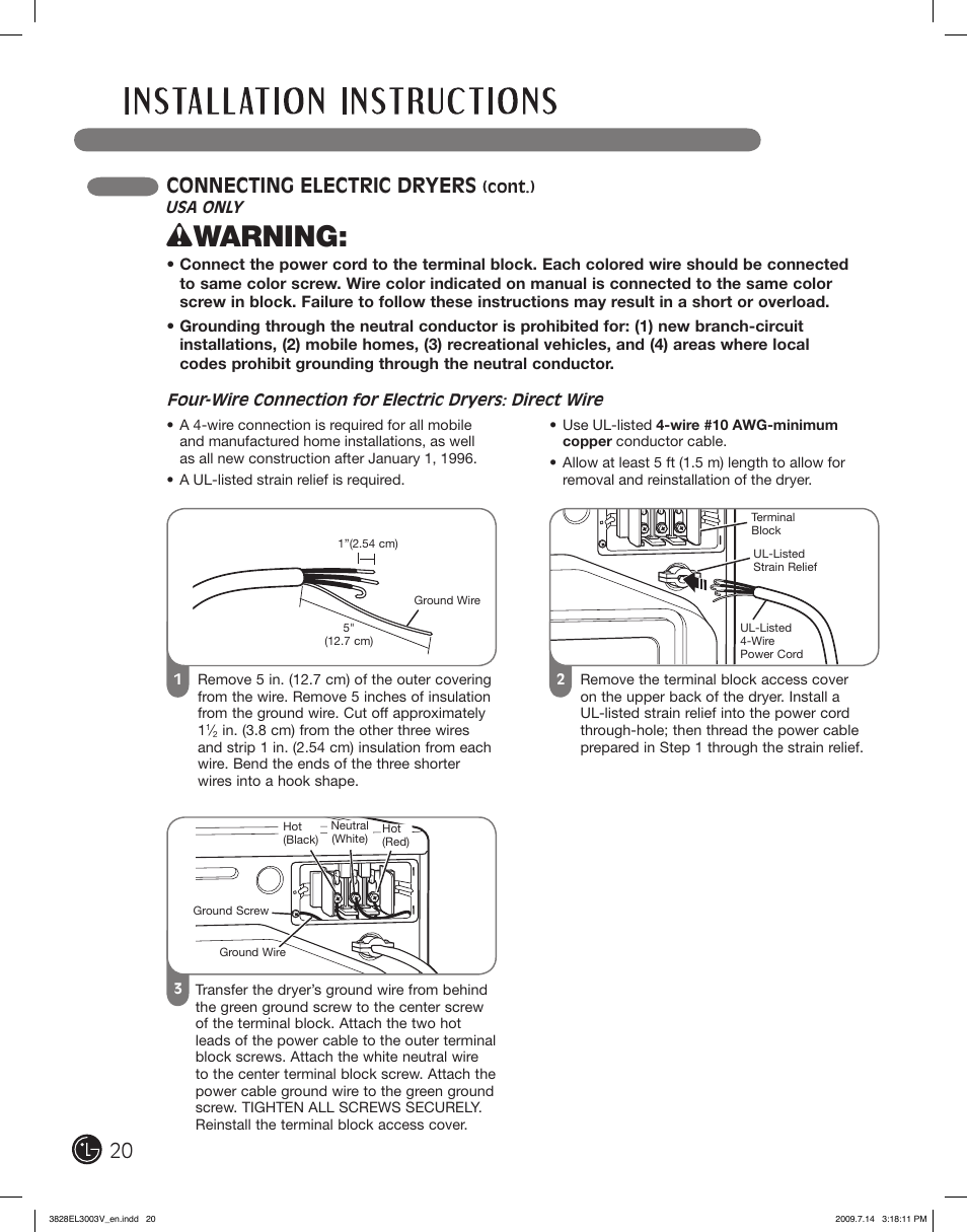 Wwarning, Connecting electric dryers | LG DLGX2502V User Manual | Page 20 / 132