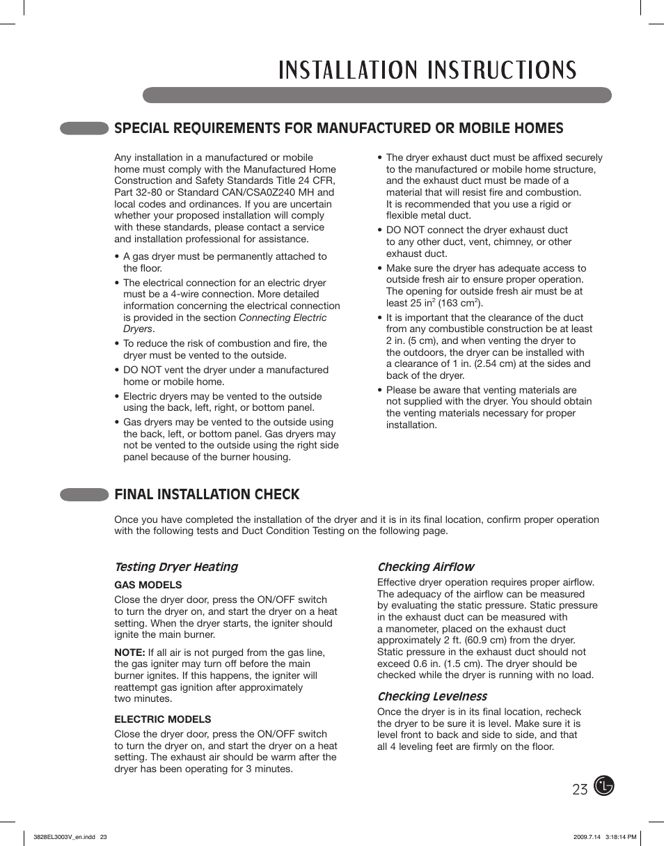 Final installation check | LG DLGX2502V User Manual | Page 23 / 132
