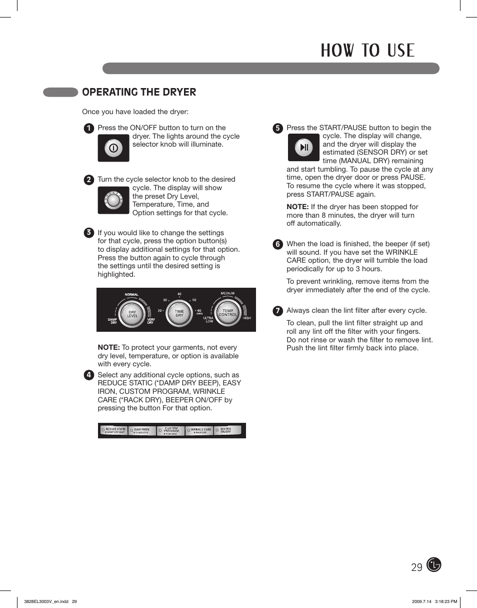 Operating the dryer | LG DLGX2502V User Manual | Page 29 / 132