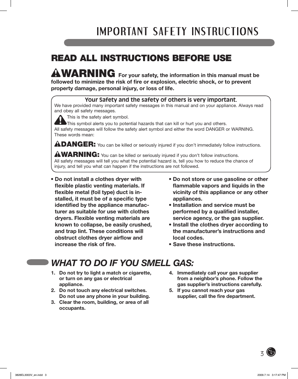 Wdanger, Wwarning | LG DLGX2502V User Manual | Page 3 / 132