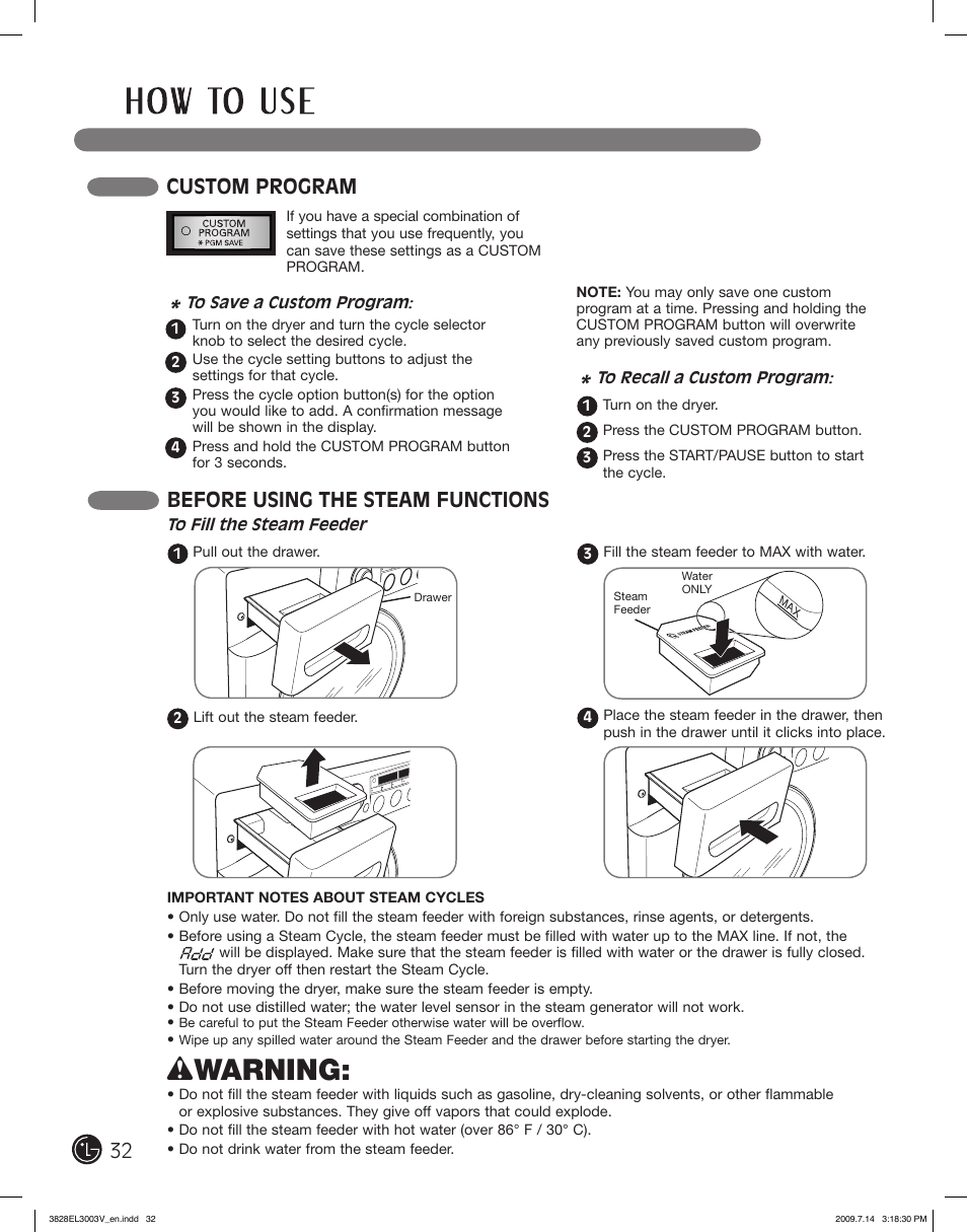 Wwarning, Custom program, Before using the steam functions | LG DLGX2502V User Manual | Page 32 / 132