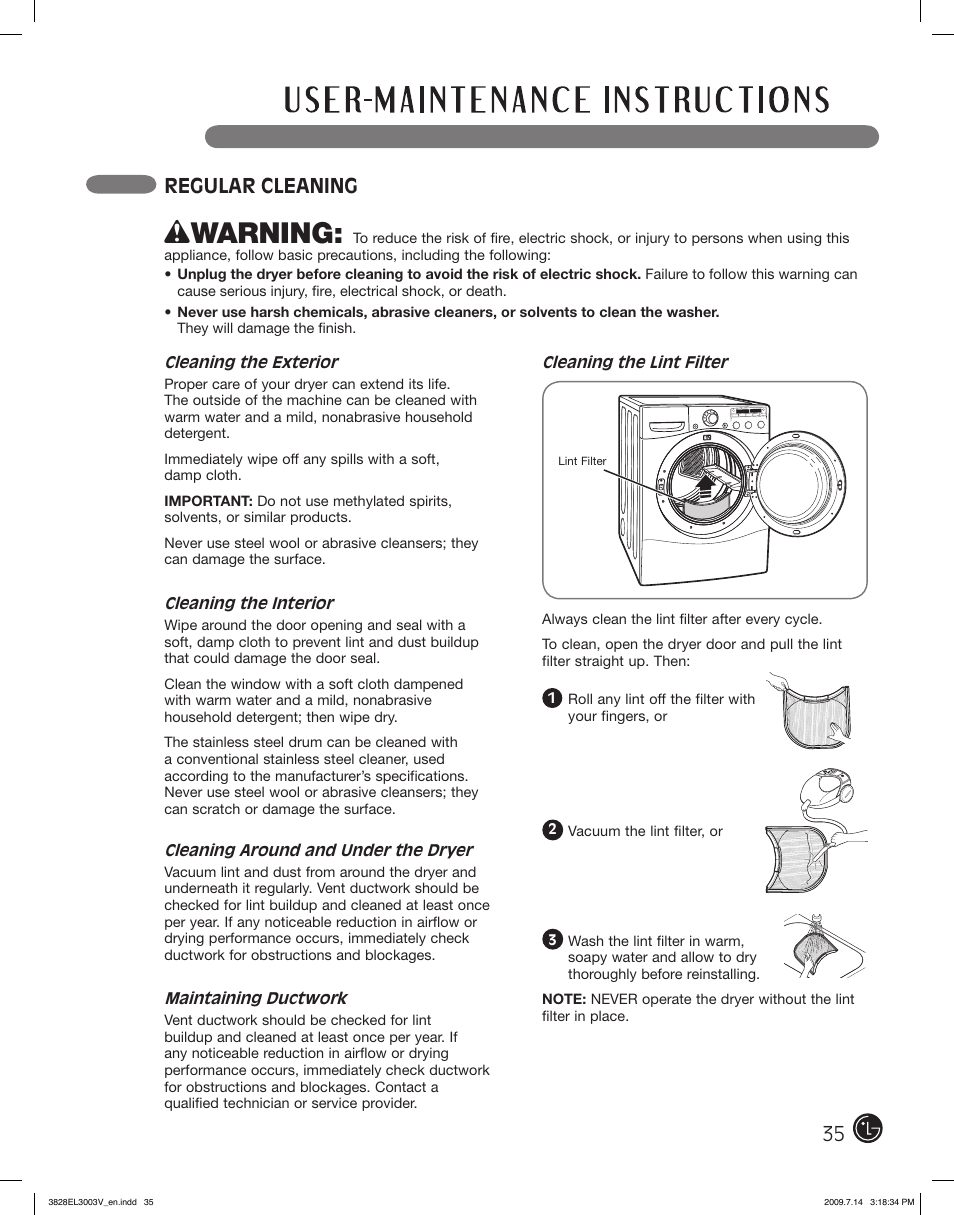 Wwarning, Regular cleaning | LG DLGX2502V User Manual | Page 35 / 132