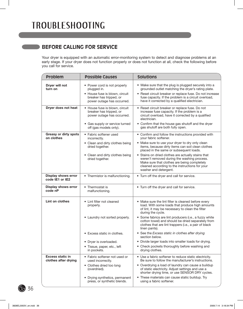 Before calling for service | LG DLGX2502V User Manual | Page 36 / 132