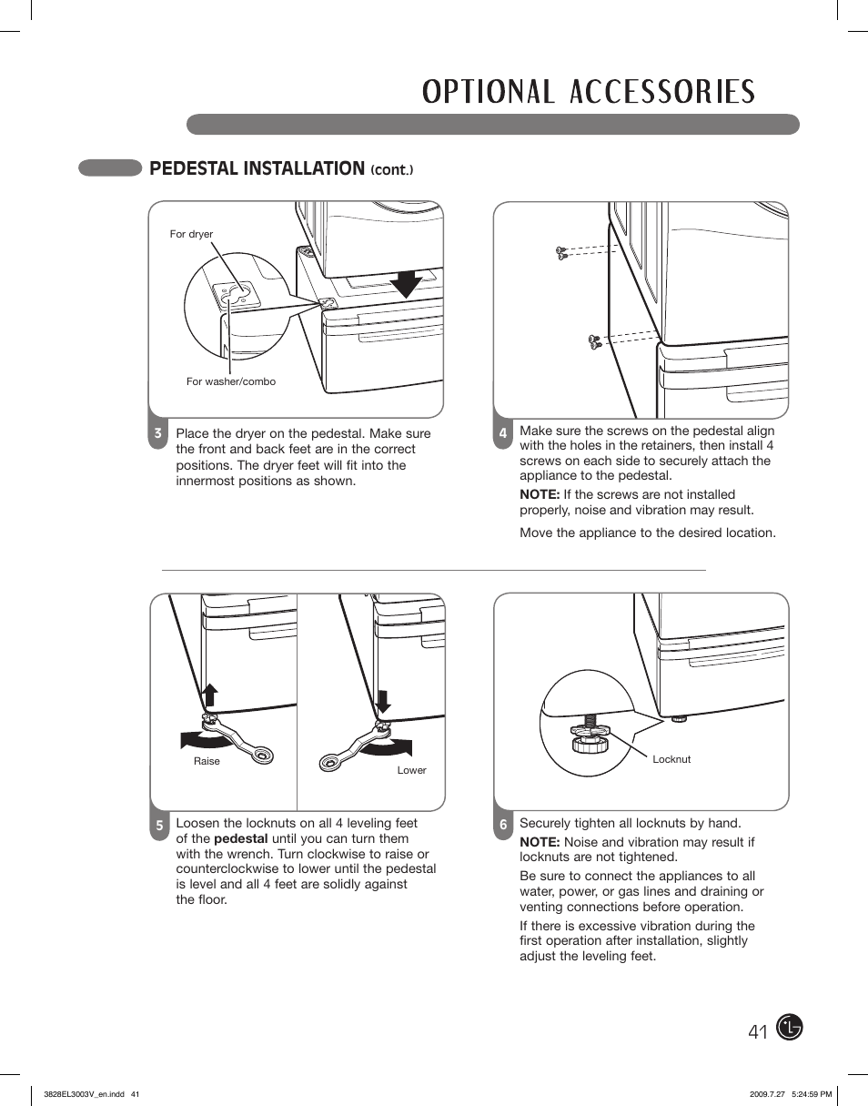 Pedestal installation | LG DLGX2502V User Manual | Page 41 / 132